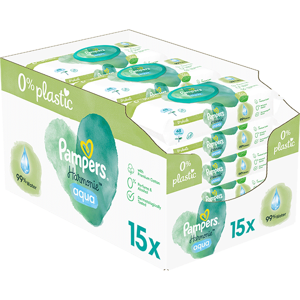 Servetele umede PAMPERS Harmonie Aqua, 0% plastic, 15 pachete, 720 buc