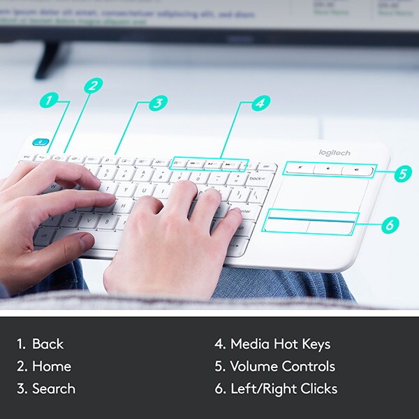 Tastatura Wireless LOGITECH Touch K400 Plus, USB, Layout US INT, alb