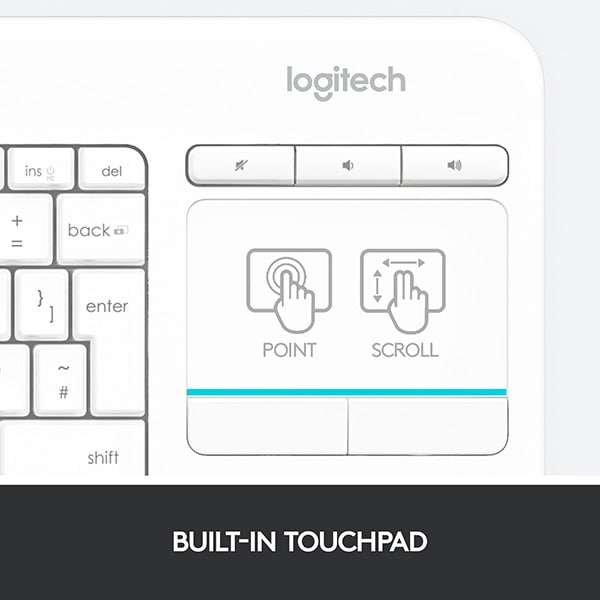 Tastatura Wireless LOGITECH Touch K400 Plus, USB, Layout US INT, alb