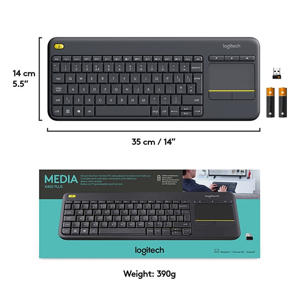 Tastatura Wireless LOGITECH Touch K400 Plus, USB, Layout US INT, negru