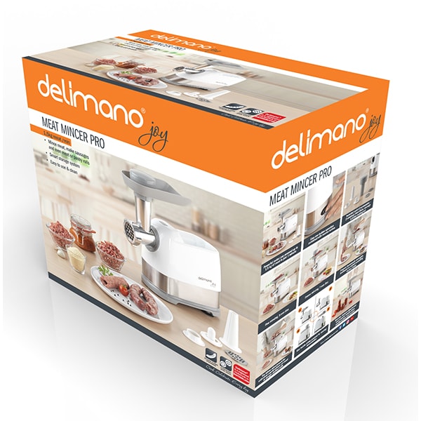 Masina de tocat carne DELIMANO Joy Pro 110073294, 1.5kg/min, 1300W, accesoriu carnati, alb-auriu