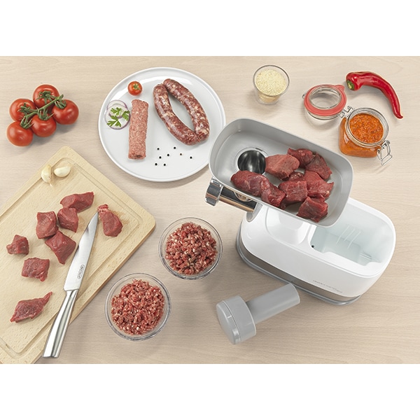 Masina de tocat carne DELIMANO Joy Pro 110073294, 1.5kg/min, 1300W, accesoriu carnati, alb-auriu