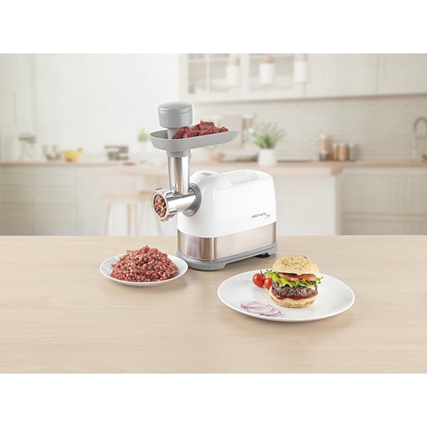 Masina de tocat carne DELIMANO Joy Pro 110073294, 1.5kg/min, 1300W, accesoriu carnati, alb-auriu