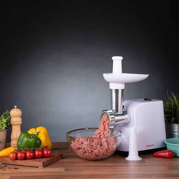 Masina de tocat carne VORTEX VO4019, 0.8kg/min, 1300W, accesoriu carnati, alb