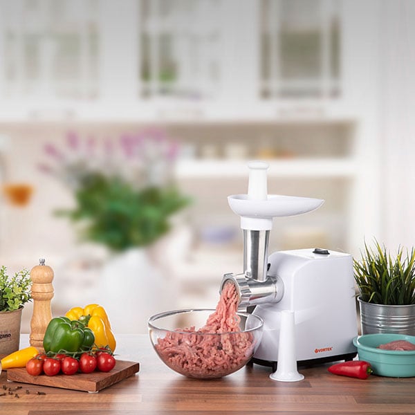 Masina de tocat carne VORTEX VO4019, 0.8kg/min, 1300W, accesoriu carnati, alb