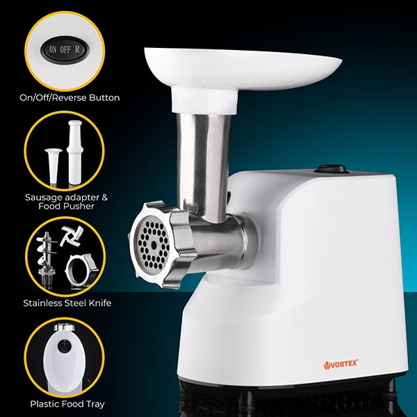 Masina de tocat carne VORTEX VO4019, 0.8kg/min, 1300W, accesoriu carnati, alb