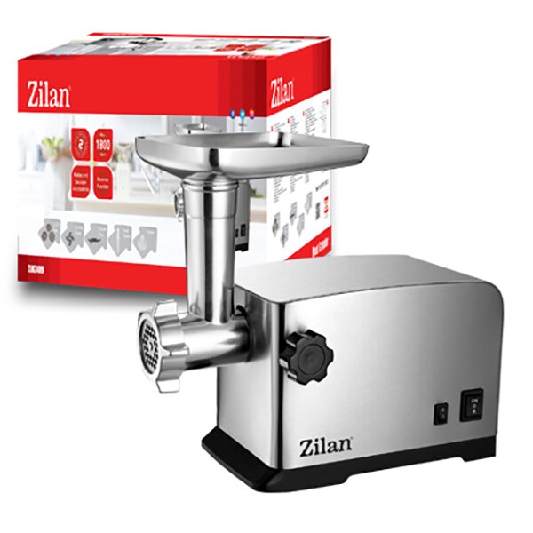 Masina de tocat carne ZILAN ZLN2409, 1.5kg/min, 1800W, accesoriu carnati/kebbe, argintiu-negru