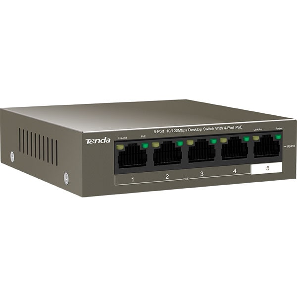 Switch TENDA TEF1105P-4-63W, 5 porturi Fast Ethernet, 4 porturi PoE, argintiu