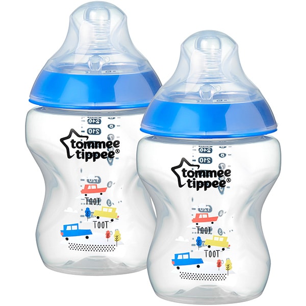 Set biberoane TOMMEE TIPPEE: 2 biberoane 260ml, flux lent, 0 luni +, albastru - transparent 