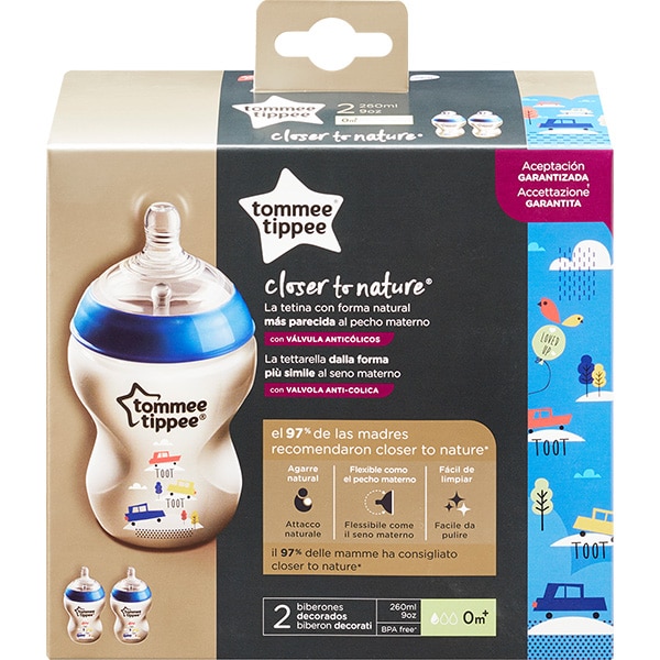 Set biberoane TOMMEE TIPPEE: 2 biberoane 260ml, flux lent, 0 luni +, albastru - transparent 