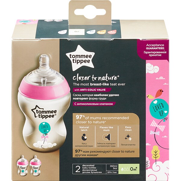 Set biberoane TOMMEE TIPPEE: 2 biberoane 260ml, flux lent, 0 luni+, roz-transparent
