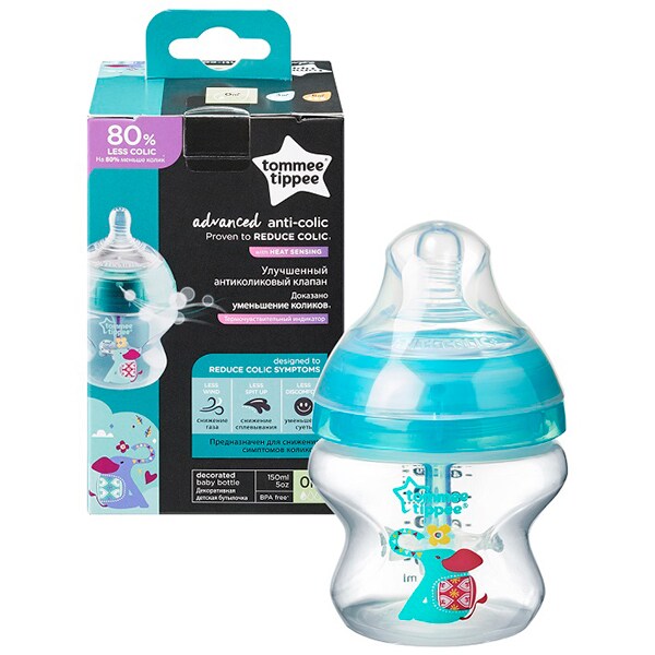 Biberon cu sistem de ventilatie TOMMEE TIPPEE Advanced Elefant 42257475, 150 ml, turcoaz