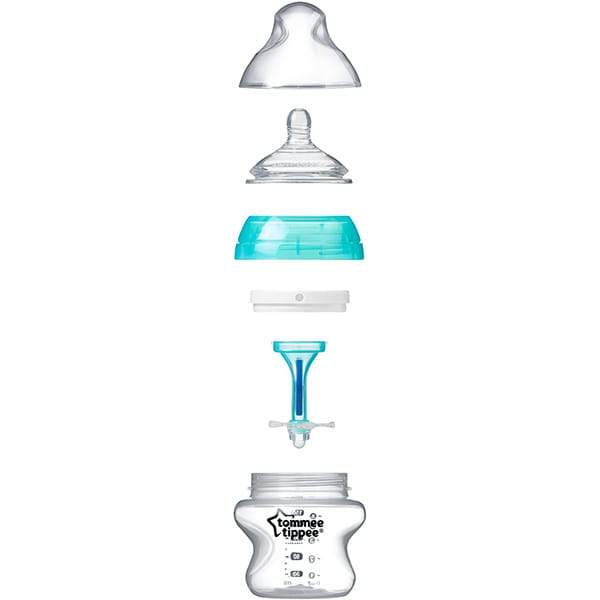 Set biberoane cu sistem de ventilatie TOMMEE TIPPEE Advanced: 2 x biberoane 150 ml, flux lent, 0 luni +, bleu - transparent