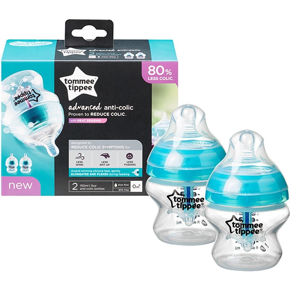 Set biberoane cu sistem de ventilatie TOMMEE TIPPEE Advanced: 2 x biberoane 150 ml, flux lent, 0 luni +, bleu - transparent
