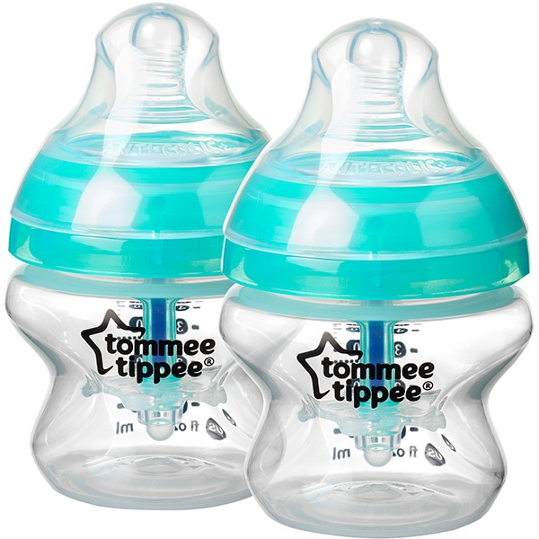 Set biberoane cu sistem de ventilatie TOMMEE TIPPEE Advanced: 2 x biberoane 150 ml, flux lent, 0 luni +, bleu - transparent