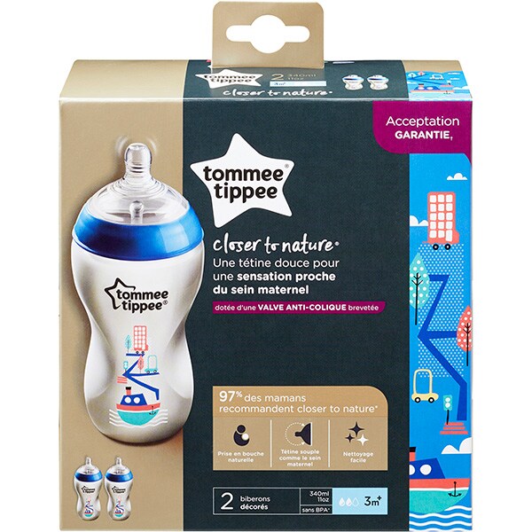Set biberoane TOMMEE TIPPEE: 2 biberoane 340 ml, flux mediu, 3 luni +, albastru - transparent 
