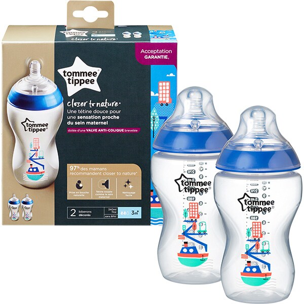 Set biberoane TOMMEE TIPPEE: 2 biberoane 340 ml, flux mediu, 3 luni +, albastru - transparent 