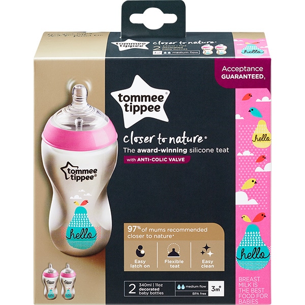 Set biberoane TOMMEE TIPPEE: 2 biberoane 340 ml, flux mediu, 3 luni +, roz - transparent 