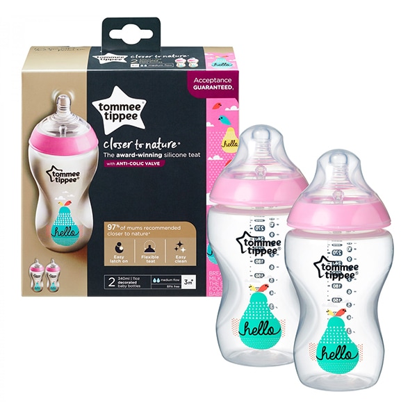 Set biberoane TOMMEE TIPPEE: 2 biberoane 340 ml, flux mediu, 3 luni +, roz - transparent 