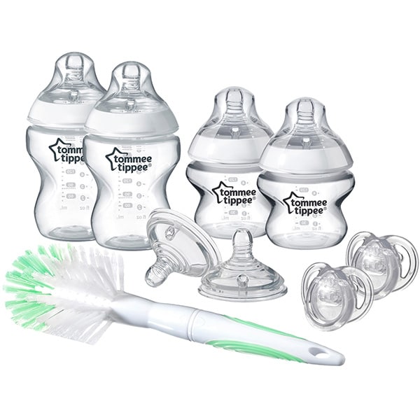 Set nou-nascut TOMMEE TIPPEE: 2 biberoane 150 ml + 2 biberoane 260 ml + 2 suzete + perie, 0 luni +, 260ml, transparent