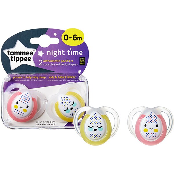 Suzeta ortodontica de noapte TOMMEE TIPPEE, 0 - 6 luni, 2 buc, roz - galben