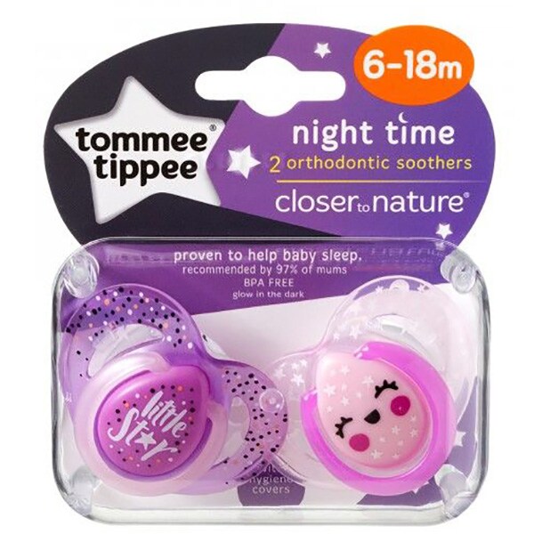 Suzeta ortodontica de noapte TOMMEE TIPPEE, 6 - 18 luni, 2 buc, roz-mov