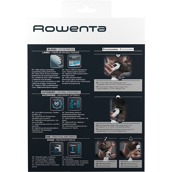 Aparat de tuns ROWENTA Multistyle 9 in 1 TN8961F4, acumulator, 60 min autonomie, 5 trepte, alb