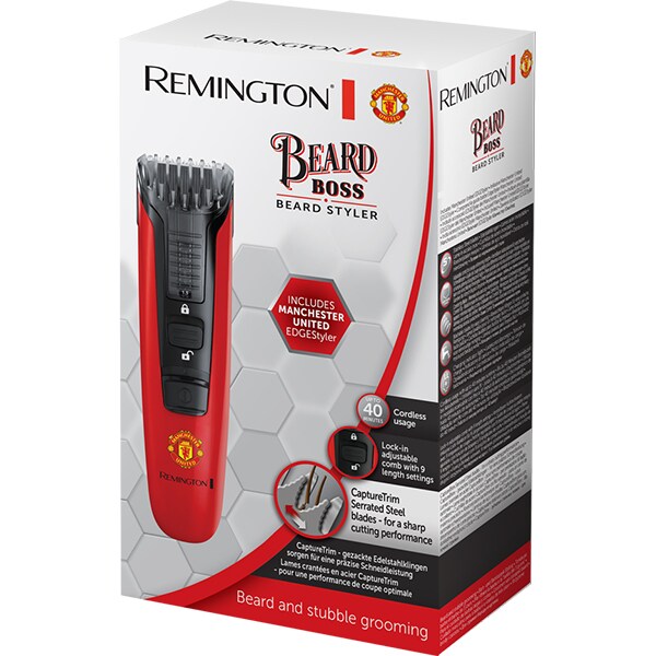 Aparat de tuns barba REMINGTON Beard Boss Manchester United Edition MB4128, acumulator, 40 min autonomie, rosu