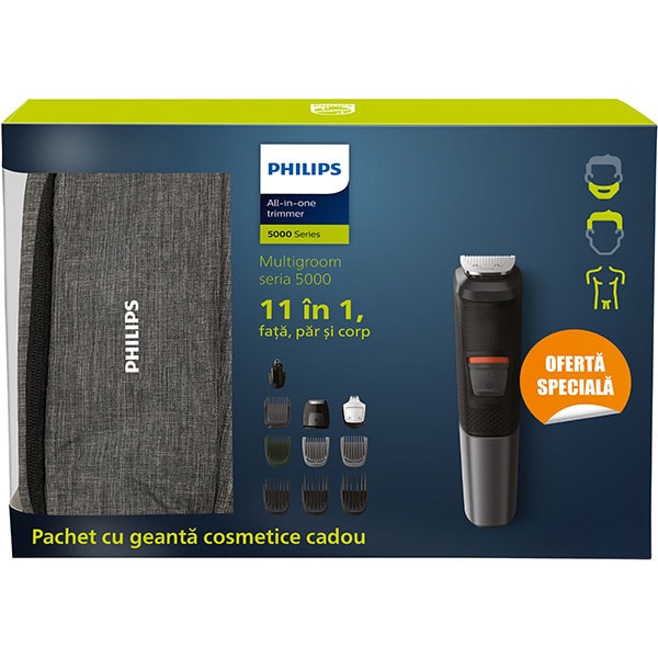 Aparat de tuns multifunctional 11 in 1 PHILIPS Series 5000 MG5730/15, acumulator, 80 min autonomie, negru + Geanta depozitare