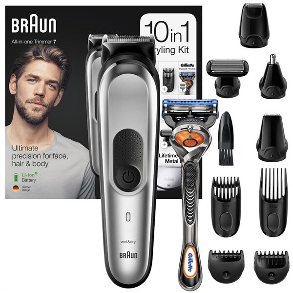 Aparat de tuns multifunctional 10 in 1 BRAUN MGK7220, acumulator, 100 min autonomie, argintiu