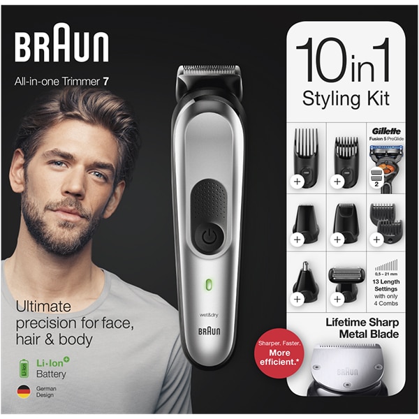 Aparat de tuns multifunctional 10 in 1 BRAUN MGK7220, acumulator, 100 min autonomie, argintiu