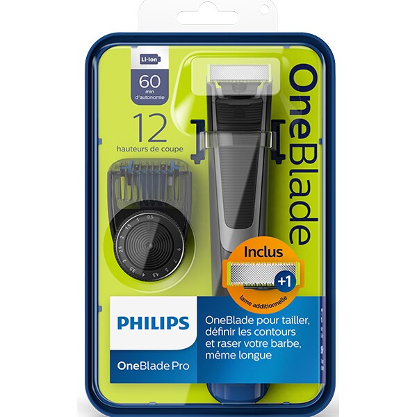 Pachet PHILIPS OneBlade Pro+ lama suplimentara QP6510/60, acumulator, autonomie 60 min, Pieptene cu 12 lungimi, argintiu