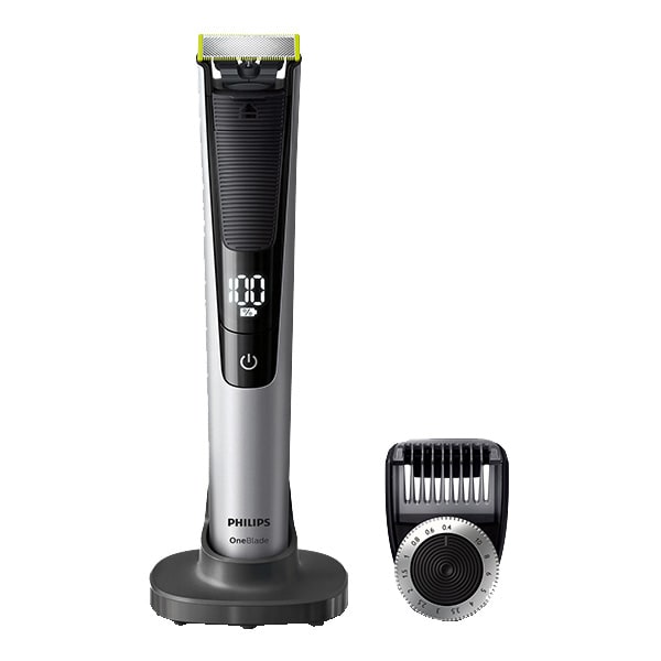 Aparat hibrid de barbierit si tuns barba Philips OneBlade Pro QP6520/20, acumulator, autonomie 90 min, Pieptene cu 14 lungimi, Afisaj digital, argintiu