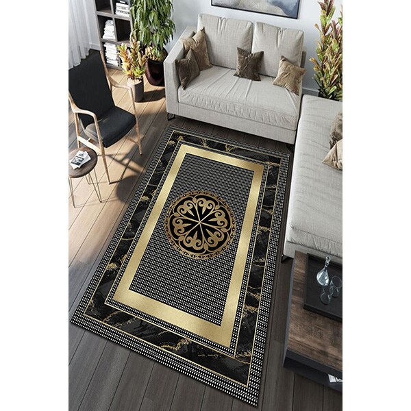 Covor living / dormitor King, 160 x 230 cm, poliester, auriu-gri-negru