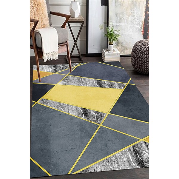 Covor living / dormitor Geometric Stripes, 100 x 200 cm, poliester, galben-gri