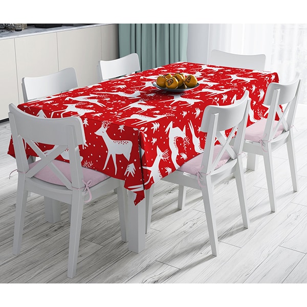 Fata de masa Decor 17 Craciun, poliester + bumbac, 140 x 180 cm, alb-rosu
