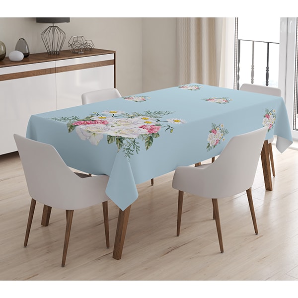 Fata de masa Flowers, poliester + bumbac, 140 x 180 cm, albastru