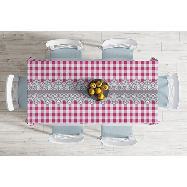 Fata de masa Geometric Etnic , poliester + bumbac, 120 x 140 cm, alb-roz-gri