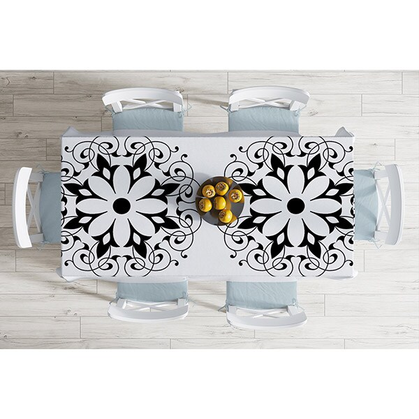 Fata de masa Etnic Mandala, poliester + bumbac, 120 x 140 cm, alb-negru