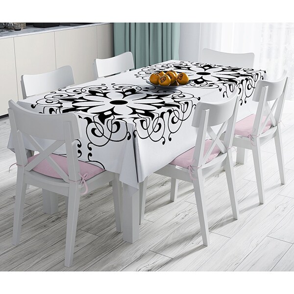 Fata de masa Etnic Mandala, poliester + bumbac, 140 x 180 cm, alb-negru