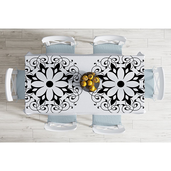 Fata de masa Etnic Mandala, poliester + bumbac, 140 x 180 cm, alb-negru