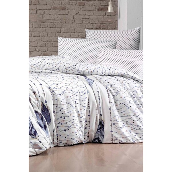 Lenjerie de pat Feather Navy Blue, 1 persoana, 65% bumbac + 35% poliester, 160 x 220 cm, 3 piese