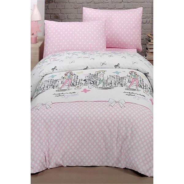 Lenjerie de pat copii Bow, 1 persoana, 65% bumbac + 35% poliester, 160 x 220 cm, 3 piese