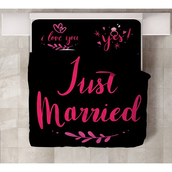 Lenjerie de pat Just Married, 2 persoane, 80% bumbac + 20% poliester, 200 x 220 cm, 4 piese