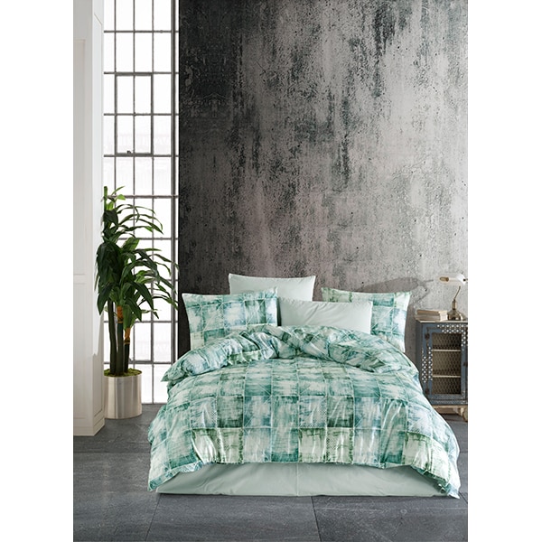 Lenjerie de pat Abstract Green, 2 persoane, 100% bumbac, 200 x 220, 4 piese