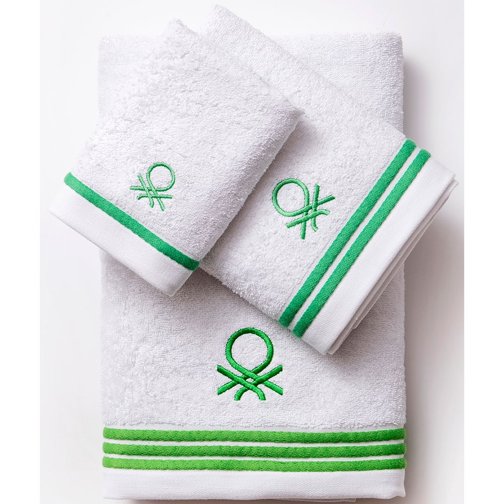 Set 3 prosoape baie BENETTON Po, 70 x 140 cm, 50 x 90 cm, 30 x 50 cm, bumbac, alb-verde