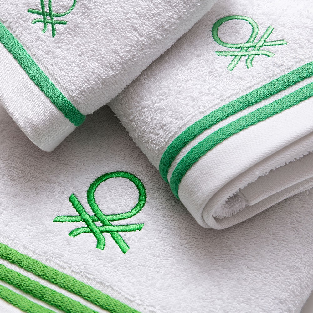 Set 3 prosoape baie BENETTON Po, 70 x 140 cm, 50 x 90 cm, 30 x 50 cm, bumbac, alb-verde