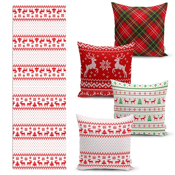 Set 4 fete de perna si napron Craciun Model 11, 30% bumbac +70% poliester, 45 x 45 cm, multicolor
