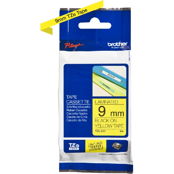 Banda etichete BROTHER TZe-621, 9 mm, 8 m, Negru pe Galben