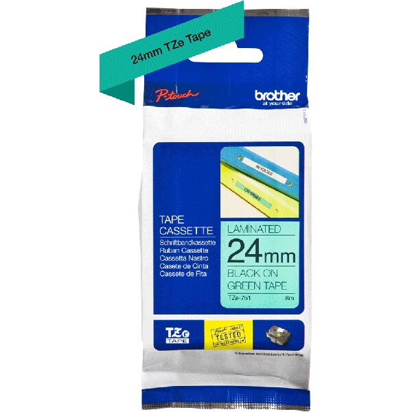Banda etichete BROTHER TZe-751, 24 mm, 8 m, Negru pe Verde